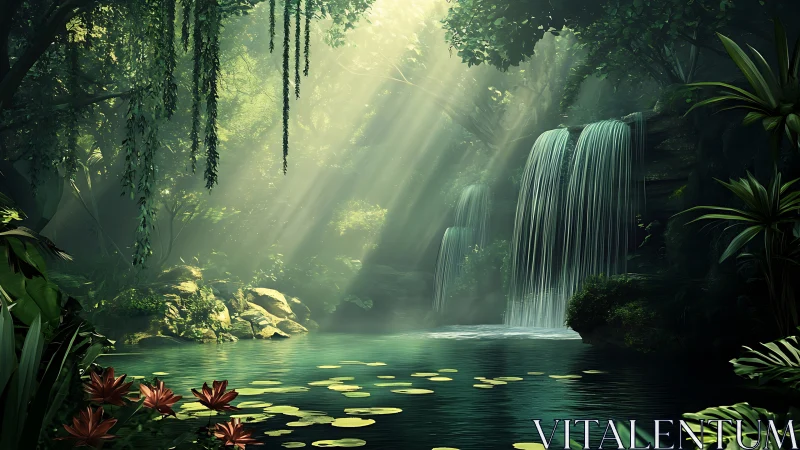 Sunlit jungle waterfall invites quiet moments of reflection