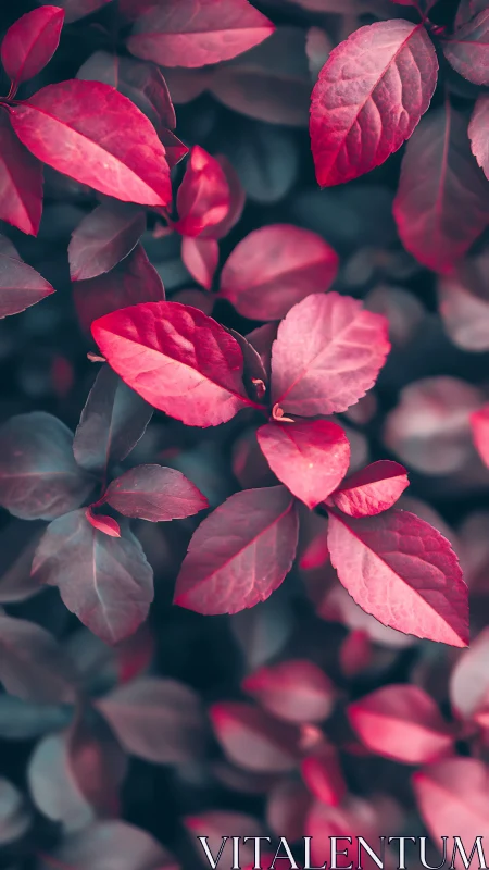 Crimson foliage rendered in cool-toned, shallow-depth macro study