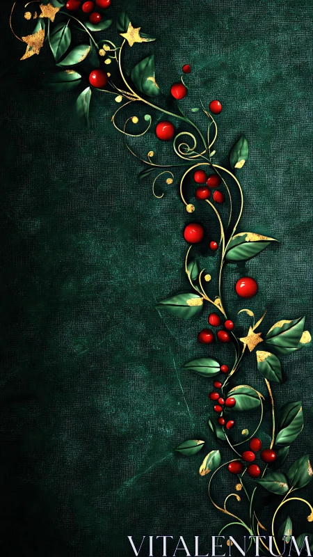 Emerald background frames vertical red berries and gold vine
