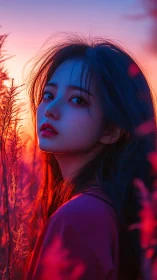 Portrait captures blue-lit face against blazing sunset field