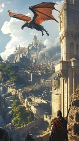 Dragon patrol over sunlit cliffside citadel battlements.
