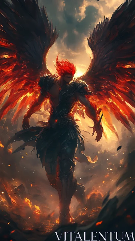 Flaming fallen angel strides through a storm of embers and ash