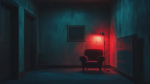 Red armchair under floor lamp in dim teal hallway.
