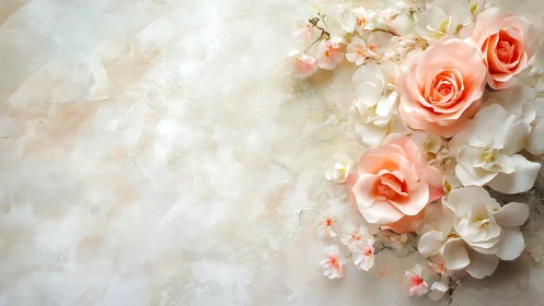 Soft Peachy Roses and White Flowers Against Textured Cream Background