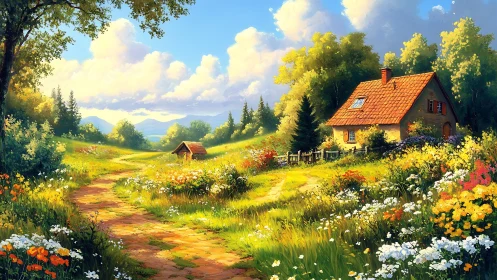 Sunny country cottage surrounded by bright wildflower meadows.