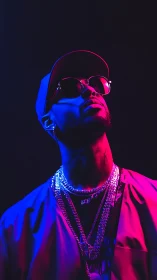 Neon-lit swagger in bold magenta and electric blue glow.