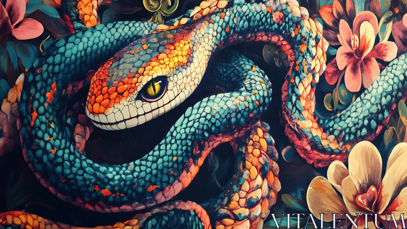 Coiled rainbow serpent resting in a lush painted garden.