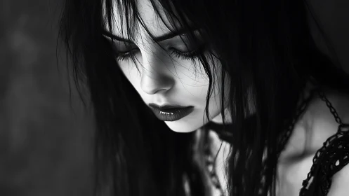Gothic monochrome portrait in pensive close-up profile.