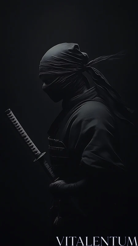 Photorealistic low-key portrait of masked katana-wielding ninja.