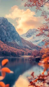 Mountain lake is framed by autumn foliage and distant snow peaks