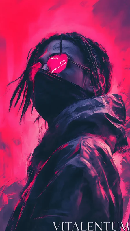 Neon masked wanderer glowing under electric pink skies.