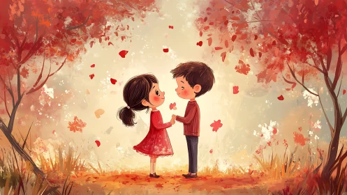 Two Children Sharing a Romantic Moment in Autumn Wonderland