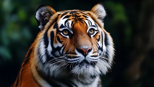 Bengal tiger portrait with focused gaze and dark backdrop.