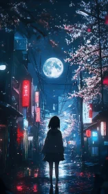 Girl beneath full moon on neon cherry blossom street at night.