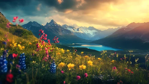 Sunlit alpine meadow overlooks distant glacial lake valley