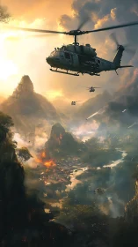 Warbirds carve dusk skies above blazing jungle valley.