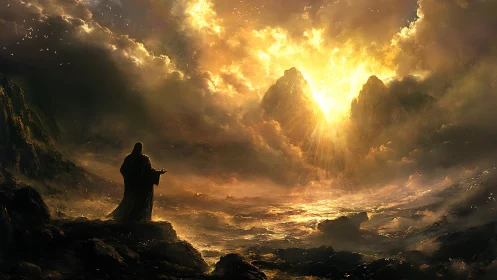 Prophetic silhouette before blazing celestial mountain gateway.