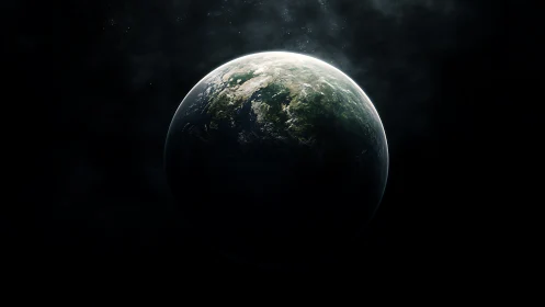 Lush exoplanet glows against deep space shadowed void.