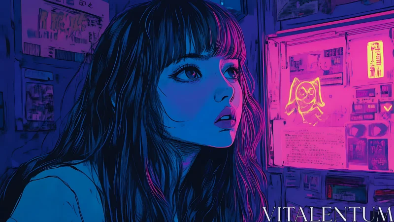 Neon city lights paint a thoughtful girl in glowing color