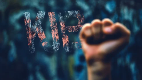 Raised fist with distressed KJP text on dark backdrop.