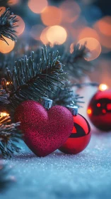 Heart-shaped ornament glowing in soft winter holiday lights.