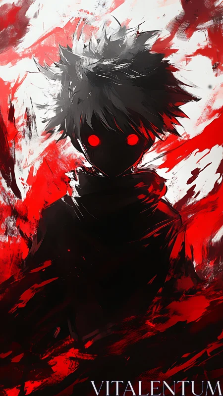 Crimson-eyed shadow youth erupts from a storm of painted rage.