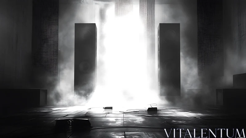 Soft fog rolls through towering speakers in a glowing hall