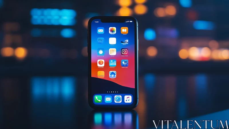 iPhone Home Screen Interface with Gradient Wallpaper and Bokeh Background Illumination.