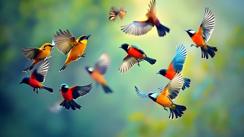 Colorful songbirds in flight, vibrant nature scene, soft focus artwork.