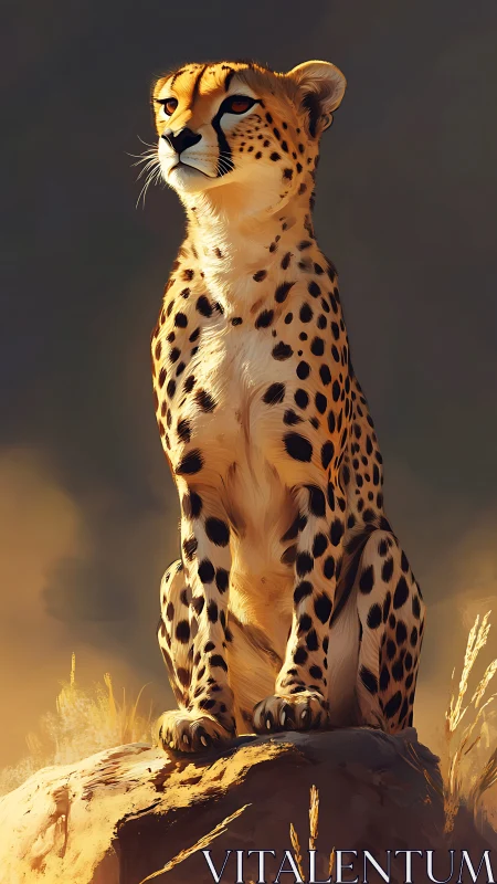 Cheetah sits on a sunlit rock under diffuse warm lighting