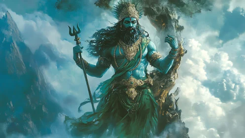 Mythic blue deity strides through stormlit celestial clouds