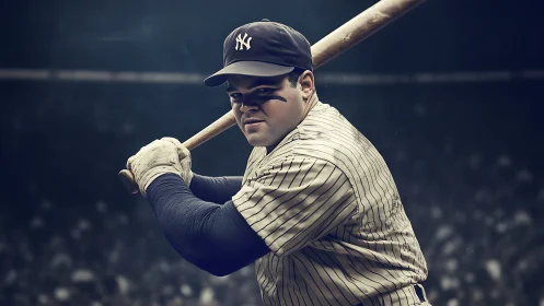 Right-handed batter in pinstripes prepares swing under stadium lights