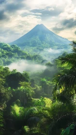 Lush jungle valley opening toward a serene misty volcano.