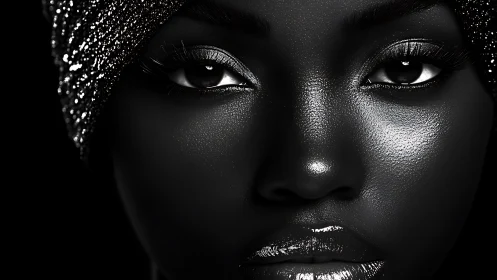 High contrast monochrome portrait with metallic facial highlights