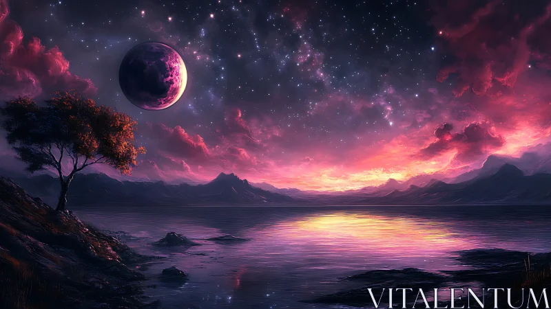 Alien moon over luminous cosmic sunset lake horizon.