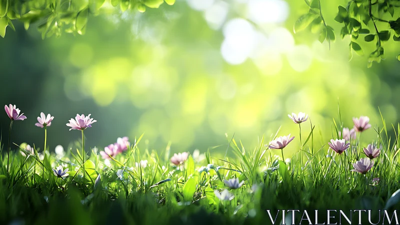 Low-angle view of wildflowers in sunlit green meadow.