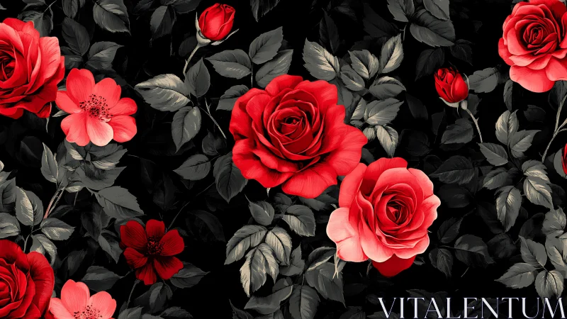 Vibrant Red Roses Against Dark Foliage Background.