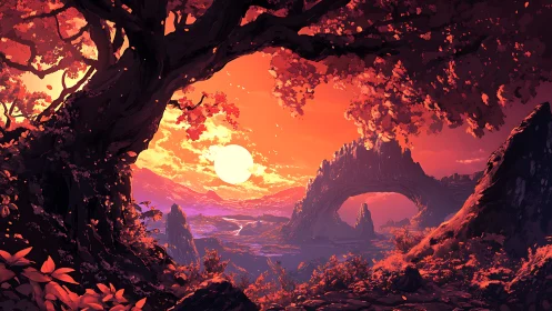 Crimson valley sunset under ancient tree and stone arch