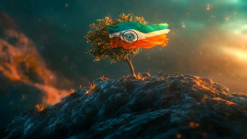 Lone hilltop tree bearing Indian flag in atmospheric backlight.