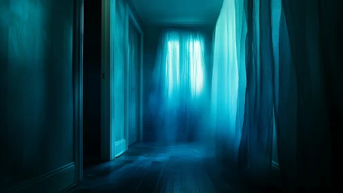 Ghostly blue hallway shrouded in mist and sheer curtains.