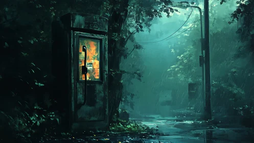 Abandoned phone booth glows in rain-soaked forest street