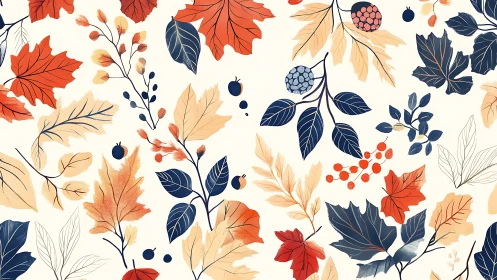 Autumn foliage pattern with stylized berries and contour lines.