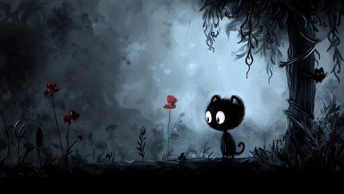 Wide eyed black cat in misty forest with red flowers.