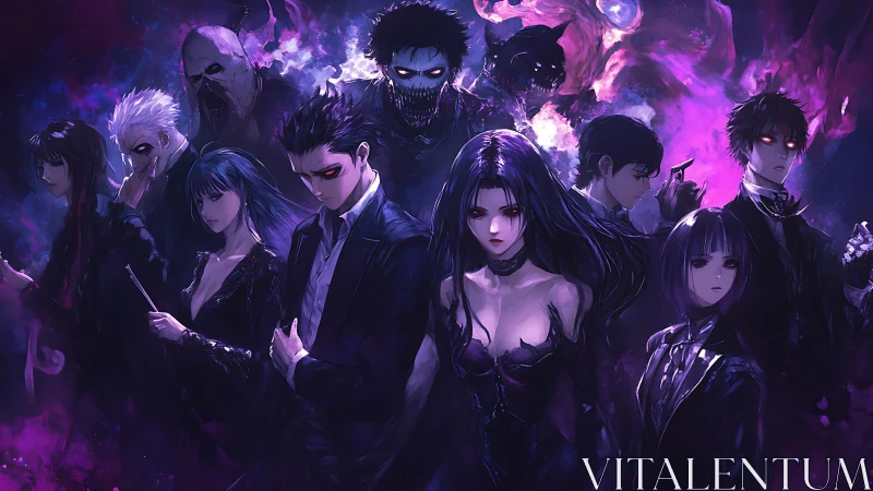 Group of dark anime characters stands in purple glowing mist