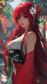 Scarlet-haired anime maiden glows in floral festival light.
