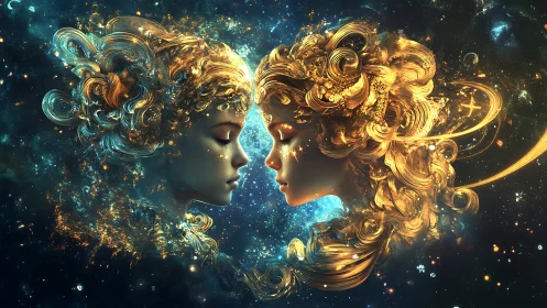 Two luminous female profiles face each other in cosmic space