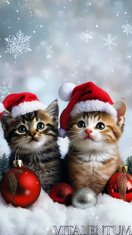 Two Festive Kittens in Santa Hats Among Holiday Ornaments.