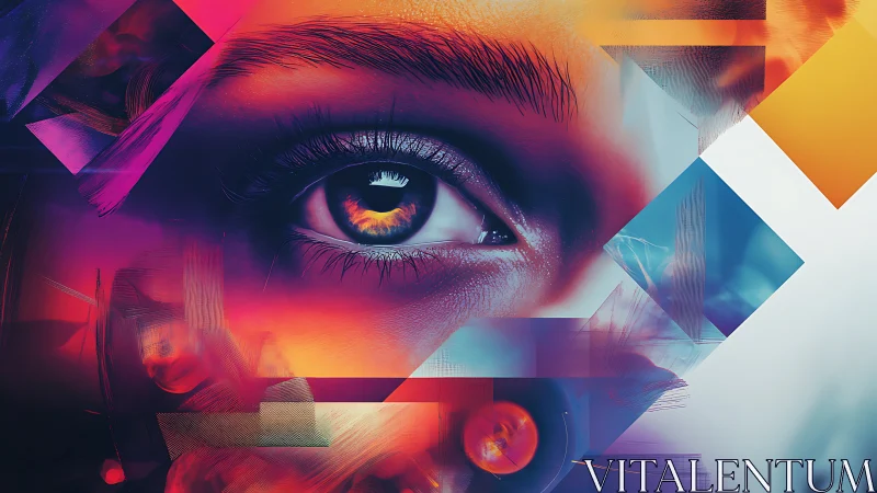 Iris close-up integrates geometric overlays and neon chromatic gradients