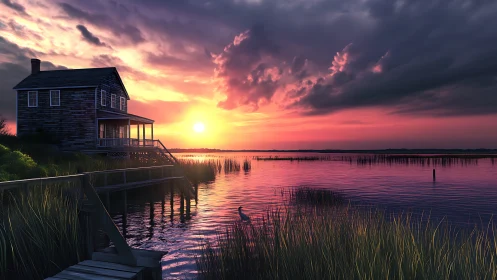 Lakeside wooden house overlooks saturated magenta sunset sky