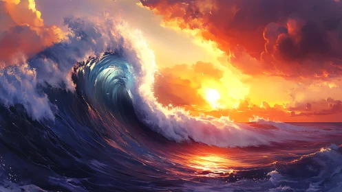Sunlit ocean wave glowing beneath a fiery sunset sky.